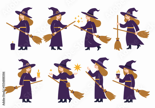 Cute cartoon witch character illustration set. Friendly witch with broom, candle, and magic poses. Halloween and fantasy theme graphic elements.
