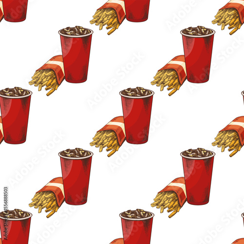 Hand drawn vintage seamless pattern of fizzy drink in red cup and fries on white background, vector illustration