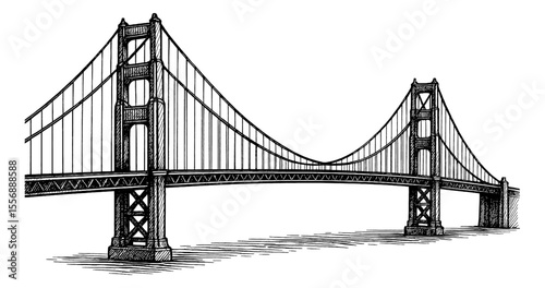 Detailed Black and White Engraving of Golden Gate Bridge with Crosshatch Shading and Perspective