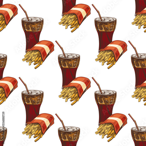 Hand drawn vintage seamless pattern of soda drinks and French fries in red pack, colorful vector background