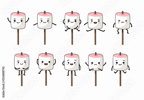 Cute cartoon marshmallow characters on sticks with various facial expressions, isolated on white background