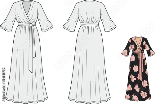Wrap maxi dress technical flat sketch, kimono sleeve dress design, front and back view, floral printed version, fashion illustration

 flat vector illustration