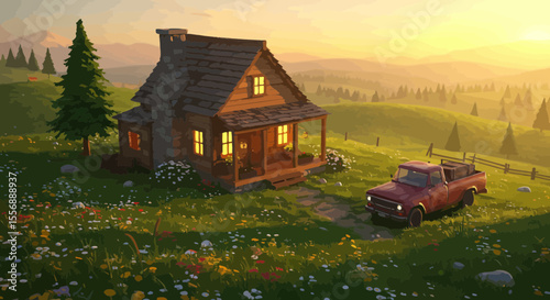 Stylized countryside escape: A cozy cabin, vintage truck, and tranquil landscape