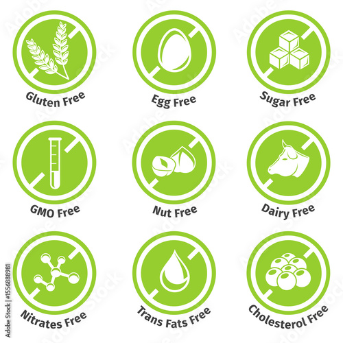 1506.m00.i125.n042.P.c25.253579519 Vector set of allergen free products stickers. Dietary labels
