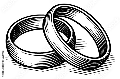Two Wedding Rings Interlocked in Detailed Black and White Engraving Line Art Style Design
