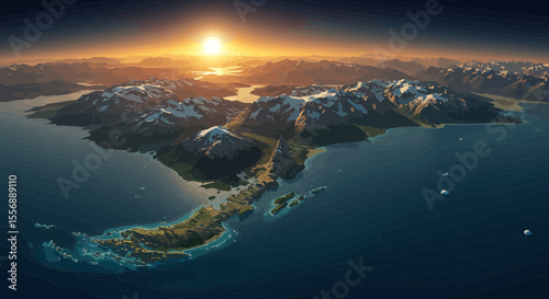 Panoramic aerial view of the Patagonian landscape at sunrise offering a majestic scene