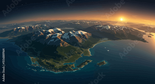Spectacular sunrise aerial view of a mountainous landscape with coastal region