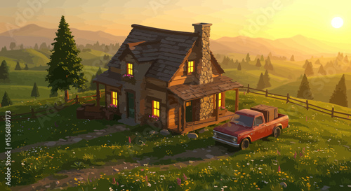 Peaceful countryside retreat at sunrise: a cozy cabin in a pastoral landscape