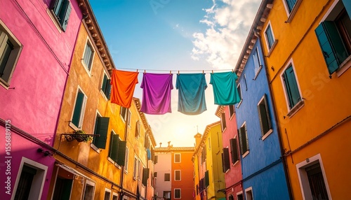 Brightly colored clothes hanging on a line between two surreal buildings floating in a pastel sky – imaginative, whimsical, and ideal for editorial or conceptual use.