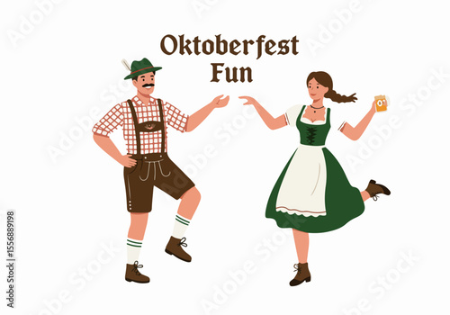 Happy couple in traditional Bavarian attire dancing at Oktoberfest celebration, holding beer