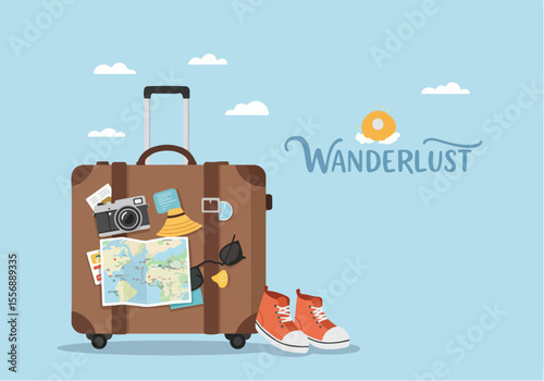 Suitcase packed with travel essentials like a map, camera, and sunglasses, accompanied by sneakers, embodying the spirit of wanderlust and adventure.