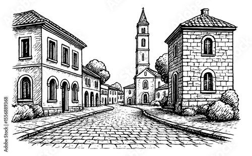 Detailed Ink Drawing of a European Town Street Scene with Buildings and Tower