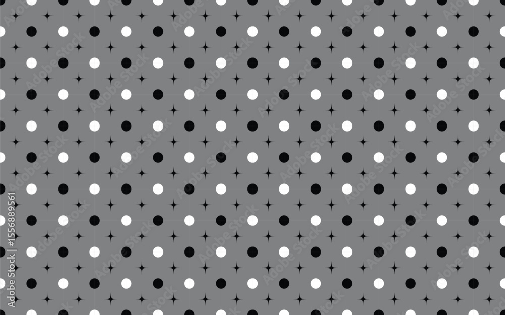 Retro-inspired dot pattern featuring monochrome polka dots with subtle sparkling star elements on a muted gray backdrop