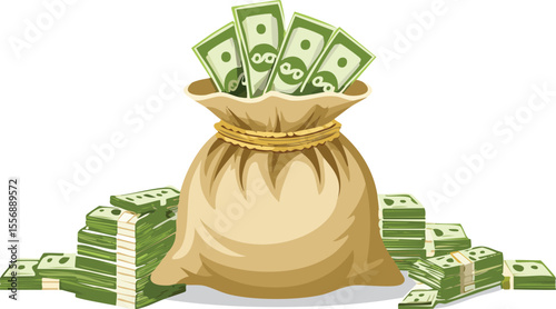 A bulging burlap money bag overflowing with green banknotes surrounded by stacks of cash