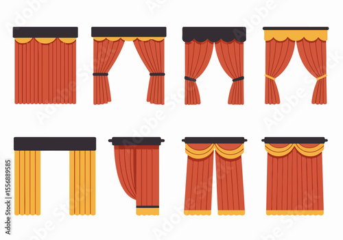 Collection of diverse illustrated stage and theatre curtains in various styles and arrangements, ideal graphic elements for design projects.