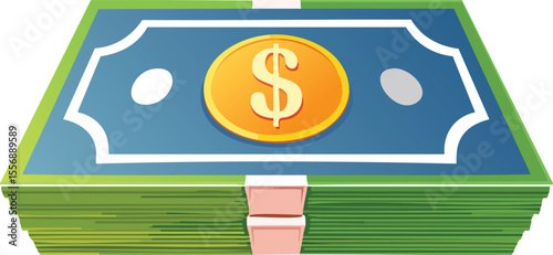 Stack of green dollar bills with gold coin and dollar sign money cash