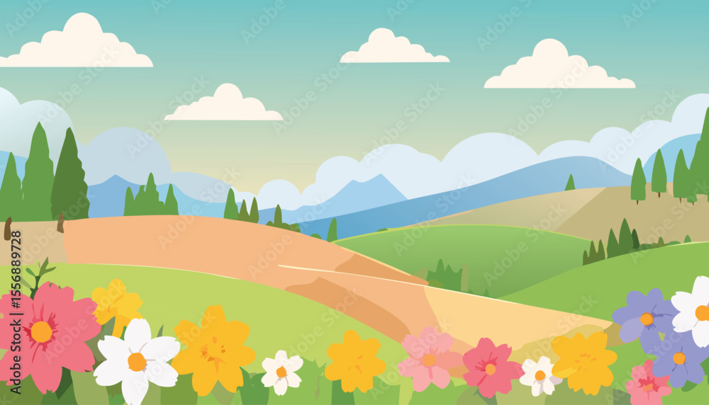 Colorful flowers and rolling hills landscape illustration with blue sky and clouds Colorful flowers and rolling hills landscape illustration with blue sky and clouds