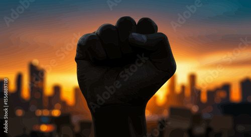 Silhouette of a clenched fist raised against a vibrant cityscape at sunset
