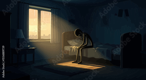 Anxiety-inducing illustration depicting loneliness and isolation in a bedroom setting