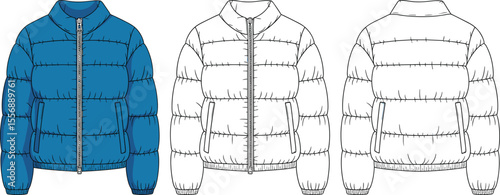 Unisex short puffer jacket fashion flat technical drawing, front and back views, full-zip closure, warm winter outerwear apparel vector illustration.