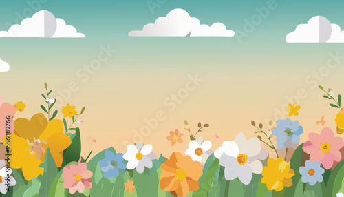 Flat design illustration of a colorful meadow with flowers and clouds in a gradient sky