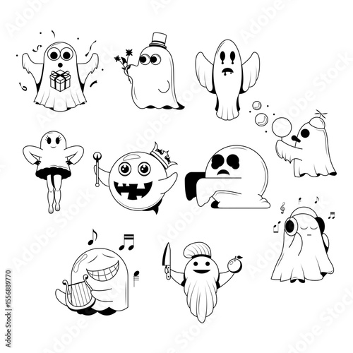 Set Abstract Collection Doodle Black Line Happy Halloween Greeting Ghost Spirit Tongue Out Background. Vector Design Banner Party Invitation Template