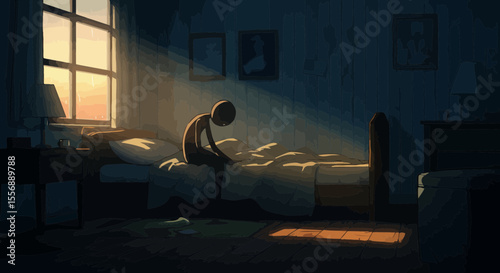 Depressed figure sitting on bed contemplating, enveloped in morning light