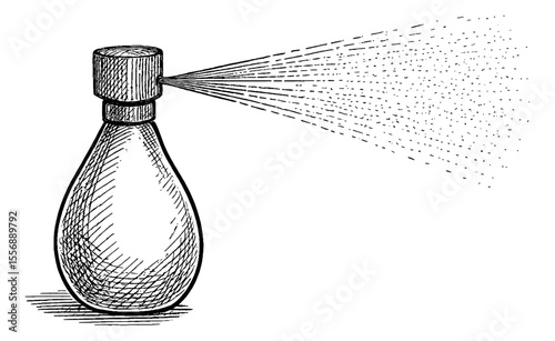Illustration of Perfume Bottle Spraying, Classic Design, Aroma, Fragrance with Detailed Lines