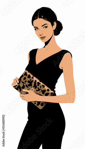 Young woman holding leopard print clutch while posing in stylish outfit  