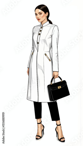 Stylish woman in white coat holding a handbag with elegant attire  