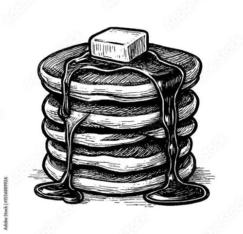 Stack of Pancakes with Butter and Syrup in Detailed Black and White Engraving Style Illustration