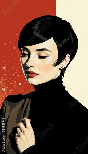 Elegant woman with short hair posing thoughtfully on abstract background  