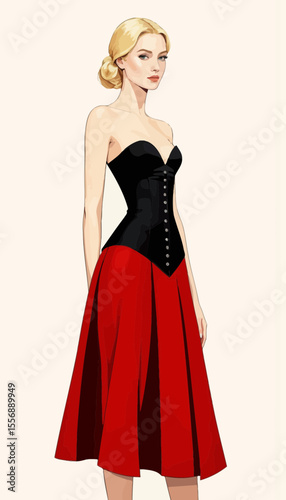 Elegant woman wearing a black and red dress with a fitted bodice  