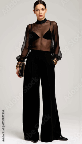Young woman in sheer top and black wide-leg pants posing indoors  