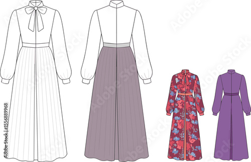  Fashion flat sketch of maxi dress with bow collar, pleated skirt, long sleeves, floral print, technical front and back view

flat vector illustration
