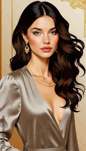 Elegant woman with wavy hair wearing jewelry in glamorous attire  