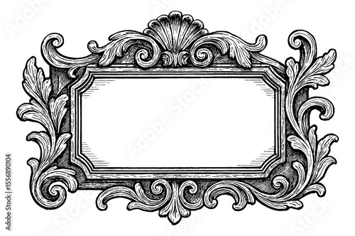 Ornate Frame with Shell and Foliage Motifs in Detailed Engraved Style Illustration