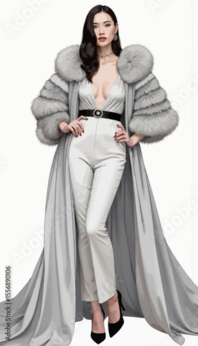 Young woman posing in elegant grey gown with fur accents  
