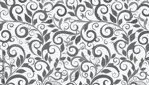 Seamless grey floral swirl pattern with leaves and dots background