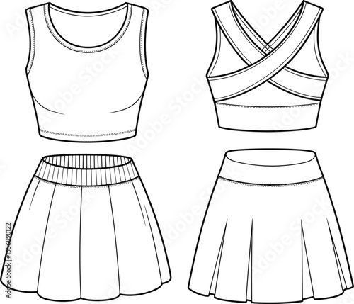 Women's sporty crop top and pleated mini skirt fashion flat technical drawing set, front and back views, athletic leisurewear vector illustration.