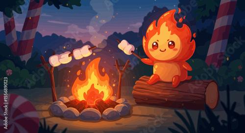 Cute Fire Elemental Character Roasting Marshmallows by Campfire in Whimsical Scene