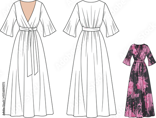  Elegant women’s long wrap dress fashion flat sketch, front and back view with flared sleeves, belt, printed dress version

flat vector illustration