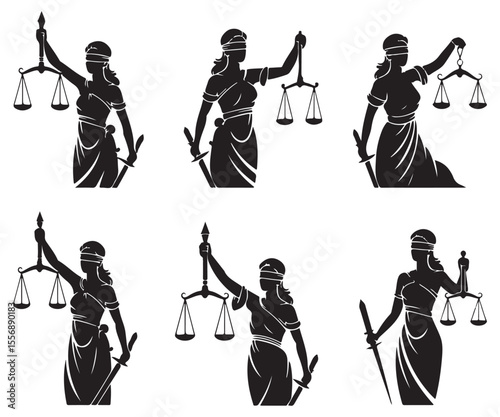 Lady Justice Silhouette Icon Set – Law, Legal, Balance, and Justice Symbols