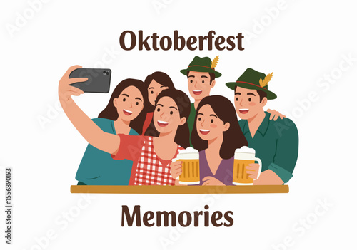 Happy group of friends taking a selfie at Oktoberfest with beer mugs, creating memories