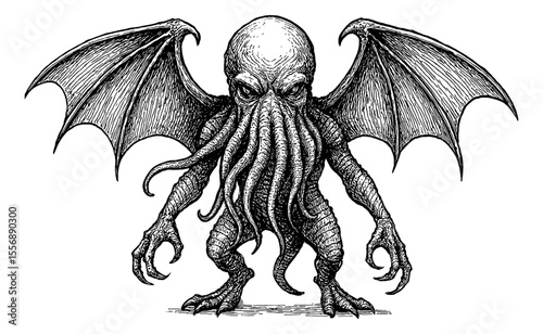 Cthulhu monster creature with wings and tentacles in black and white engraved illustration