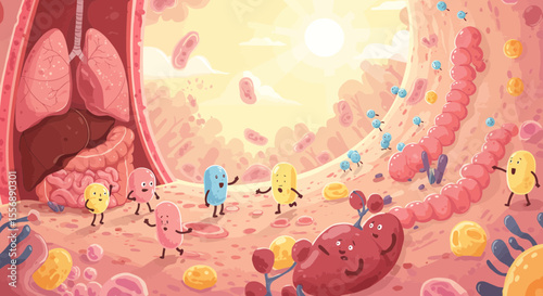 Cartoon depiction of the human digestive system with animated bacteria and organs