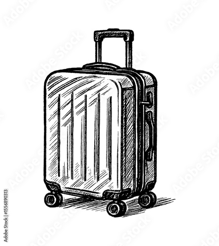 Illustration of a Trolley Suitcase with Wheels and Handle in Black and White Engraving Style