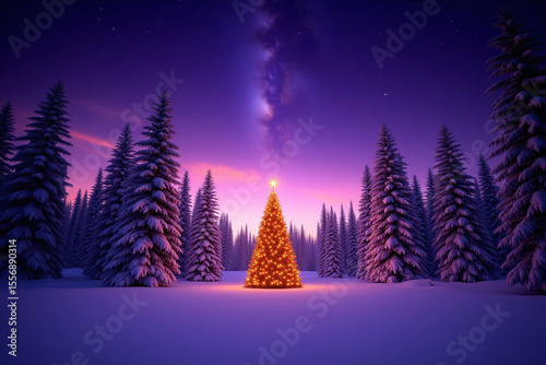 Christmas tree in the middle of a snowy forest