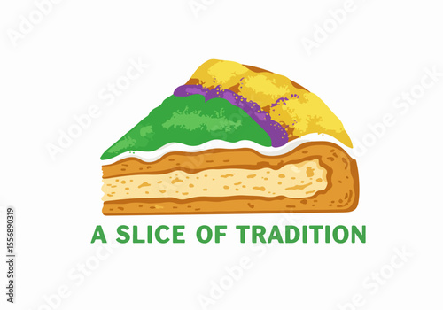 Illustration of a slice of traditional King Cake for Mardi Gras celebration with the text 'A Slice of Tradition' on a white background.