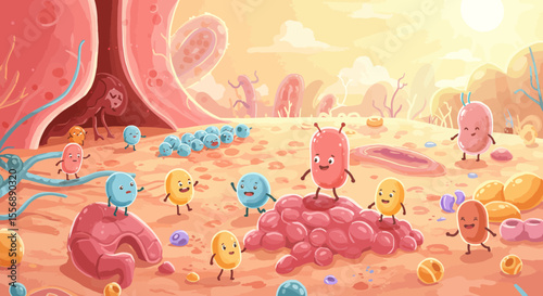 Whimsical Illustration of Gut Bacteria in a Cartoon Intestinal Landscape